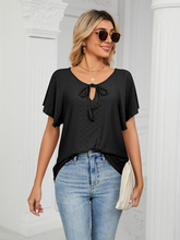 Load image into Gallery viewer, Women&#39;s Solid Tie-Neck Top with Flutter Sleeves in 4 Colors Sizes 4-12