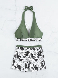 Women's Printed Bikini Top and High Waist Shorts Swim Set in 5 Colors S-XL