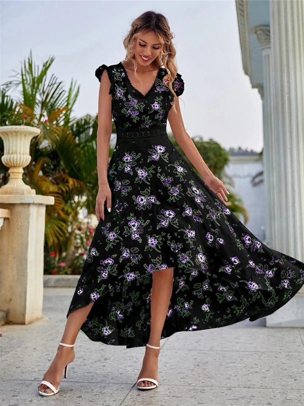 Women's Floral V-Neck Flutter Sleeve High-Low Dress in 2 Colors Sizes 2-16 - Wazzi's Wear