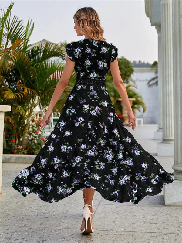 Women's Floral V-Neck Flutter Sleeve High-Low Dress in 2 Colors Sizes 2-16 - Wazzi's Wear