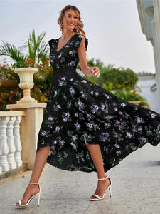 Women's Floral V-Neck Flutter Sleeve High-Low Dress in 2 Colors Sizes 2-16
