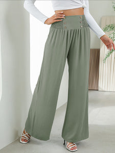 Women's High Waist Wide Leg Pants with Button Detail in 3 Colors Sizes 4-12 - Wazzi's Wear