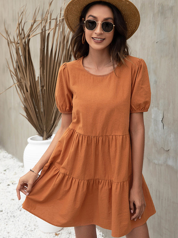 Women's Solid Ruffled Mini Dress with Short Puffed Sleeves in 2 Colors Sizes 4-12 - Wazzi's Wear