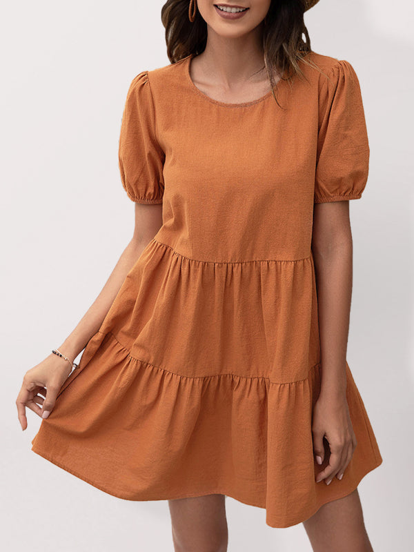 Women's Solid Ruffled Mini Dress with Short Puffed Sleeves in 2 Colors Sizes 4-12 - Wazzi's Wear