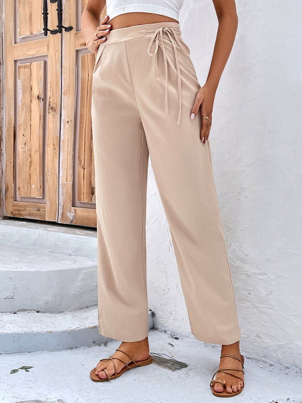 Women's Solid Color Cropped Pants with Waist Tie S-XL - Wazzi's Wear