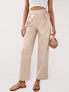Women's Solid Color Cropped Pants with Waist Tie S-XL