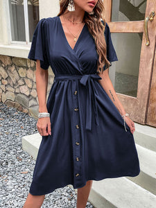 Women's Solid V-Neck Midi Dress with Short Sleeves and Waist Tie in 4 Colors Sizes 4-10