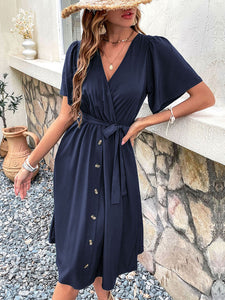 Women's Solid V-Neck Midi Dress with Short Sleeves and Waist Tie in 4 Colors Sizes 4-10
