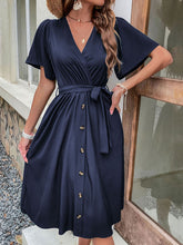 Load image into Gallery viewer, Women&#39;s Solid V-Neck Midi Dress with Short Sleeves and Waist Tie in 4 Colors Sizes 4-10