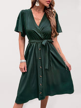 Load image into Gallery viewer, Women&#39;s Solid V-Neck Midi Dress with Short Sleeves and Waist Tie in 4 Colors Sizes 4-10
