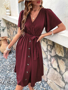Women's Solid V-Neck Midi Dress with Short Sleeves and Waist Tie in 4 Colors Sizes 4-10