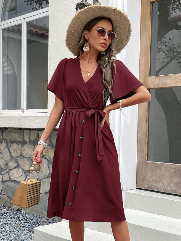 Women's Solid V-Neck Midi Dress with Short Sleeves and Waist Tie in 4 Colors Sizes 4-10 - Wazzi's Wear