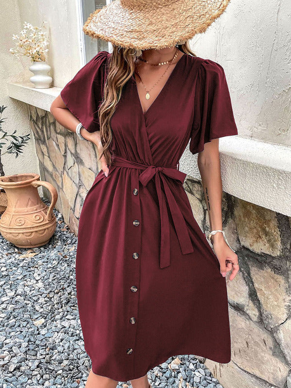 Women's Solid V-Neck Midi Dress with Short Sleeves and Waist Tie in 4 Colors Sizes 4-10 - Wazzi's Wear