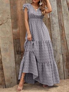 Women's Floral V-Neck Ruffled Maxi Dress with Short Sleeves in 4 Colors Sizes 2-12
