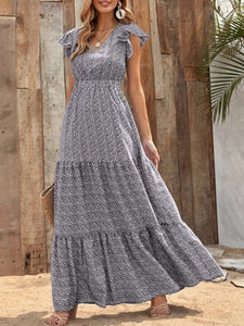 Women's Floral V-Neck Ruffled Maxi Dress with Short Sleeves in 4 Colors Sizes 2-12