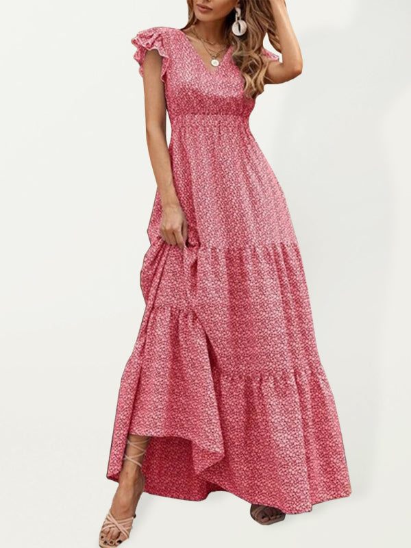 Women's Floral V-Neck Ruffled Maxi Dress with Short Sleeves in 4 Colors Sizes 2-12 - Wazzi's Wear