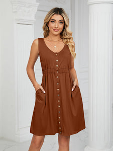 Women's Solid Sleeveless A-line Dress with Buttons and Pockets in 7 Colors Sizes 4-12