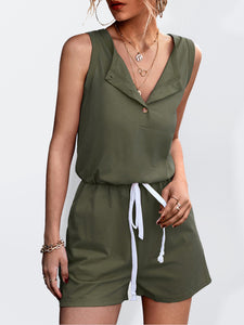 Women's Solid Sleeveless Button-up Drawstring Romper with Pockets in 3 Colors Sizes 4-10