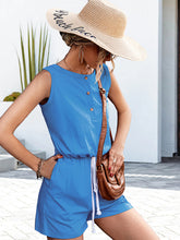 Load image into Gallery viewer, Women&#39;s Solid Sleeveless Button-up Drawstring Romper with Pockets in 3 Colors Sizes 4-10
