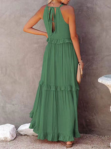 Women's Solid Halter Neck Tiered Maxi Dress in 4 Colors Sizes 4-18 - Wazzi's Wear