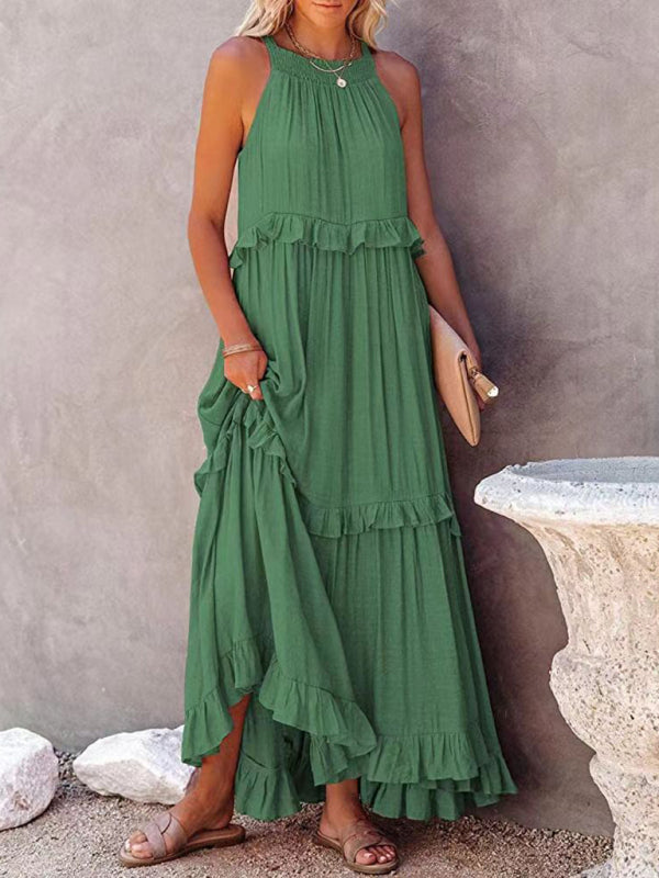 Women's Solid Halter Neck Tiered Maxi Dress in 4 Colors Sizes 4-18 - Wazzi's Wear