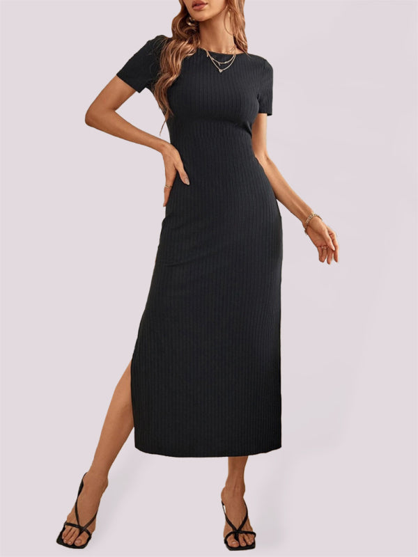 Women's Short Sleeve Black Midi Dress with Open Back Tie and Side Slit Sizes 4-10 - Wazzi's Wear