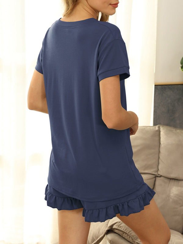 Women's 2-Piece V-Neck Short Sleeve Henley Tee With Ruffle Hem Shorts Set in 4 Colors S-XXL - Wazzi's Wear