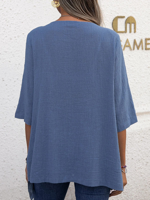 Women's Round Neck Half Sleeve Top with Asymmetric Hem in 3 Colors S-XXL - Wazzi's Wear
