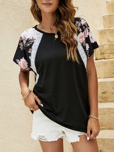 Women's Flutter Sleeve Floral Panel Tee with Lace in 3 Colors Sizes 4-12
