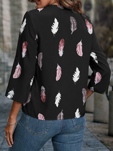Women's V-Neck Feather Print Blouse in 3 Colors S-XL