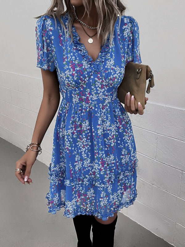 Women's Printed Flutter Sleeve Ruffled Mini Dress in 11 Patterns S-XL - Wazzi's Wear