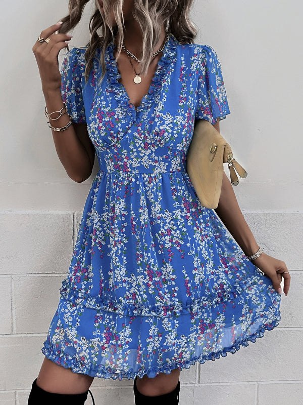 Women's Printed Flutter Sleeve Ruffled Mini Dress in 11 Patterns S-XL - Wazzi's Wear