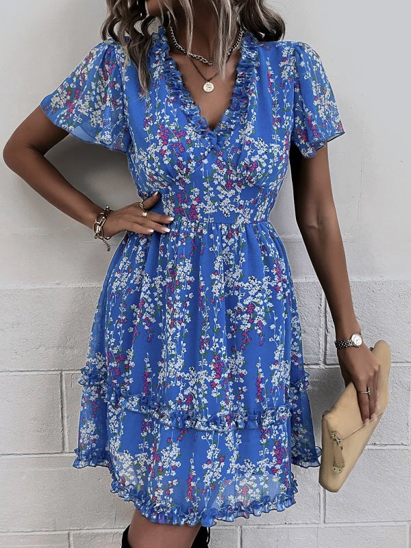 Women's Printed Flutter Sleeve Ruffled Mini Dress in 11 Patterns S-XL - Wazzi's Wear
