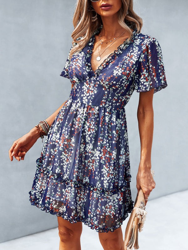 Women's Printed Flutter Sleeve Ruffled Mini Dress in 11 Patterns S-XL - Wazzi's Wear