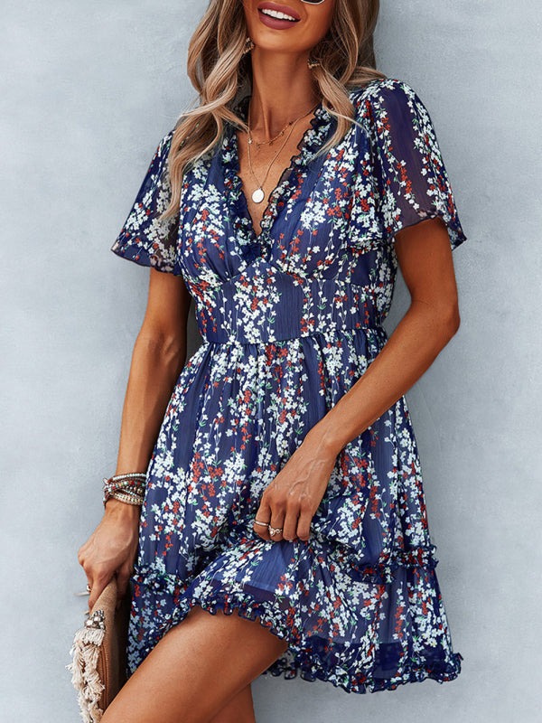 Women's Printed Flutter Sleeve Ruffled Mini Dress in 11 Patterns S-XL - Wazzi's Wear