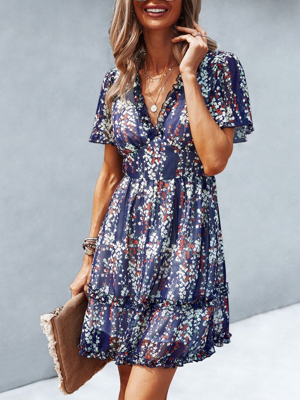Women's Printed Flutter Sleeve Ruffled Mini Dress in 11 Patterns S-XL - Wazzi's Wear