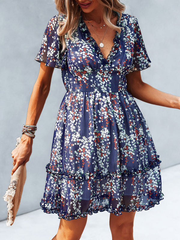 Women's Printed Flutter Sleeve Ruffled Mini Dress in 11 Patterns S-XL - Wazzi's Wear