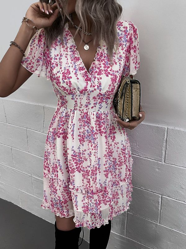 Women's Printed Flutter Sleeve Ruffled Mini Dress in 11 Patterns S-XL - Wazzi's Wear
