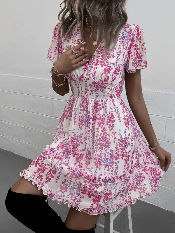 Women's Printed Flutter Sleeve Ruffled Mini Dress in 11 Patterns S-XL - Wazzi's Wear