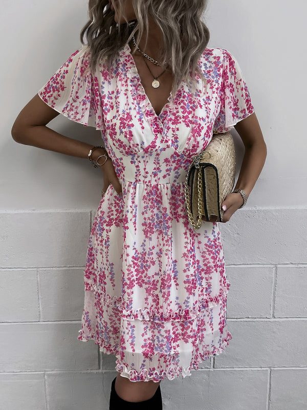 Women's Printed Flutter Sleeve Ruffled Mini Dress in 11 Patterns S-XL - Wazzi's Wear