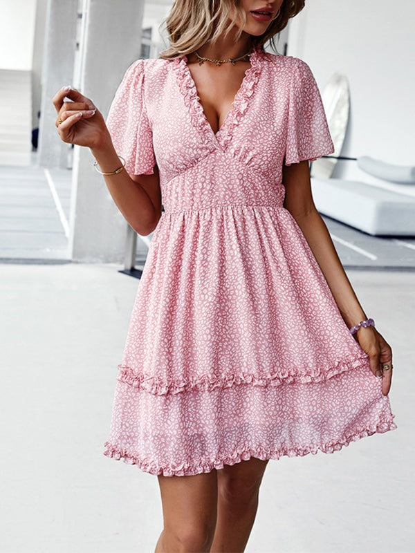 Women's Printed Flutter Sleeve Ruffled Mini Dress in 11 Patterns S-XL - Wazzi's Wear