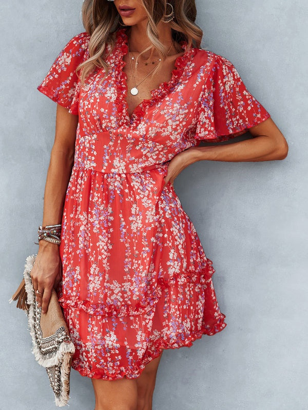 Women's Printed Flutter Sleeve Ruffled Mini Dress in 11 Patterns S-XL - Wazzi's Wear