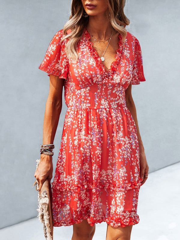 Women's Printed Flutter Sleeve Ruffled Mini Dress in 11 Patterns S-XL - Wazzi's Wear