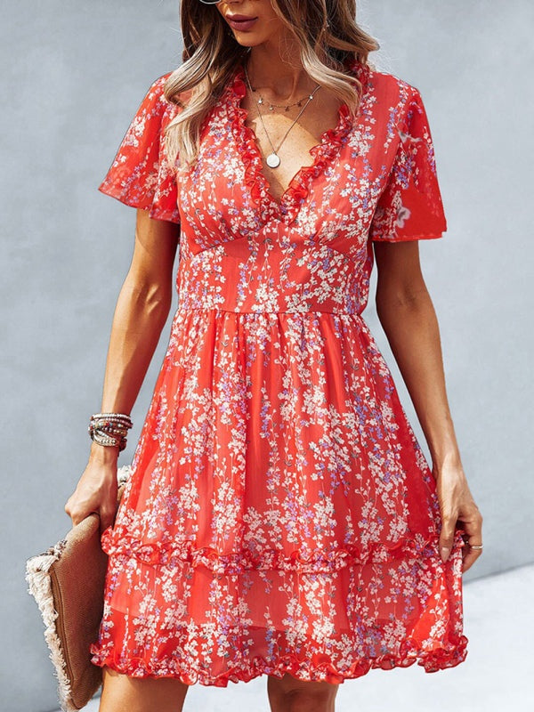 Women's Printed Flutter Sleeve Ruffled Mini Dress in 11 Patterns S-XL - Wazzi's Wear