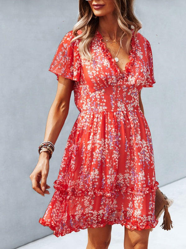 Women's Printed Flutter Sleeve Ruffled Mini Dress in 11 Patterns S-XL - Wazzi's Wear