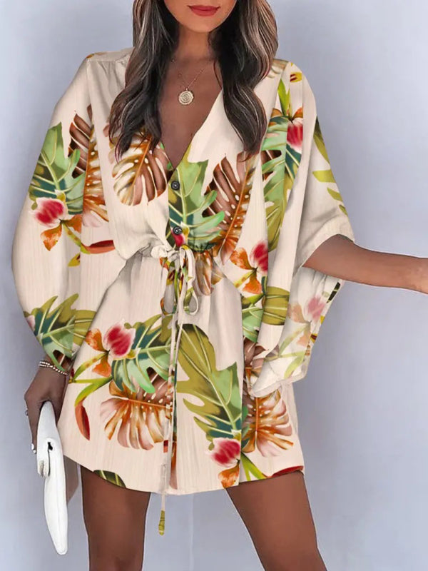 Women's Dolman Sleeve V-neck Tropical Beach Cover-Up in 8 Patterns S-1XL - Wazzi's Wear