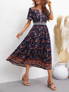 Women's Boho Short Sleeve Midi Dress in 3 Colors S-L - Wazzi's Wear