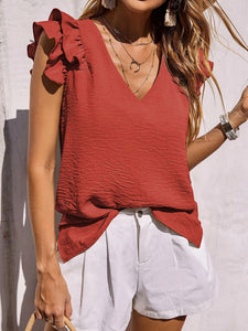 Women's Solid Ruffle Short Sleeve V-Neck Top in 5 Colors - Wazzi's Wear