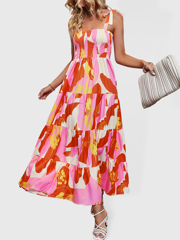 Women’s Sleeveless Smocked Printed Maxi Dress with Shoulder Ties S-2XL - Wazzi's Wear
