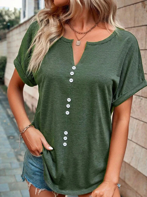 Women's V-Neck Button Short Sleeve Top in 8 Colors Sizes 4-18 - Wazzi's Wear